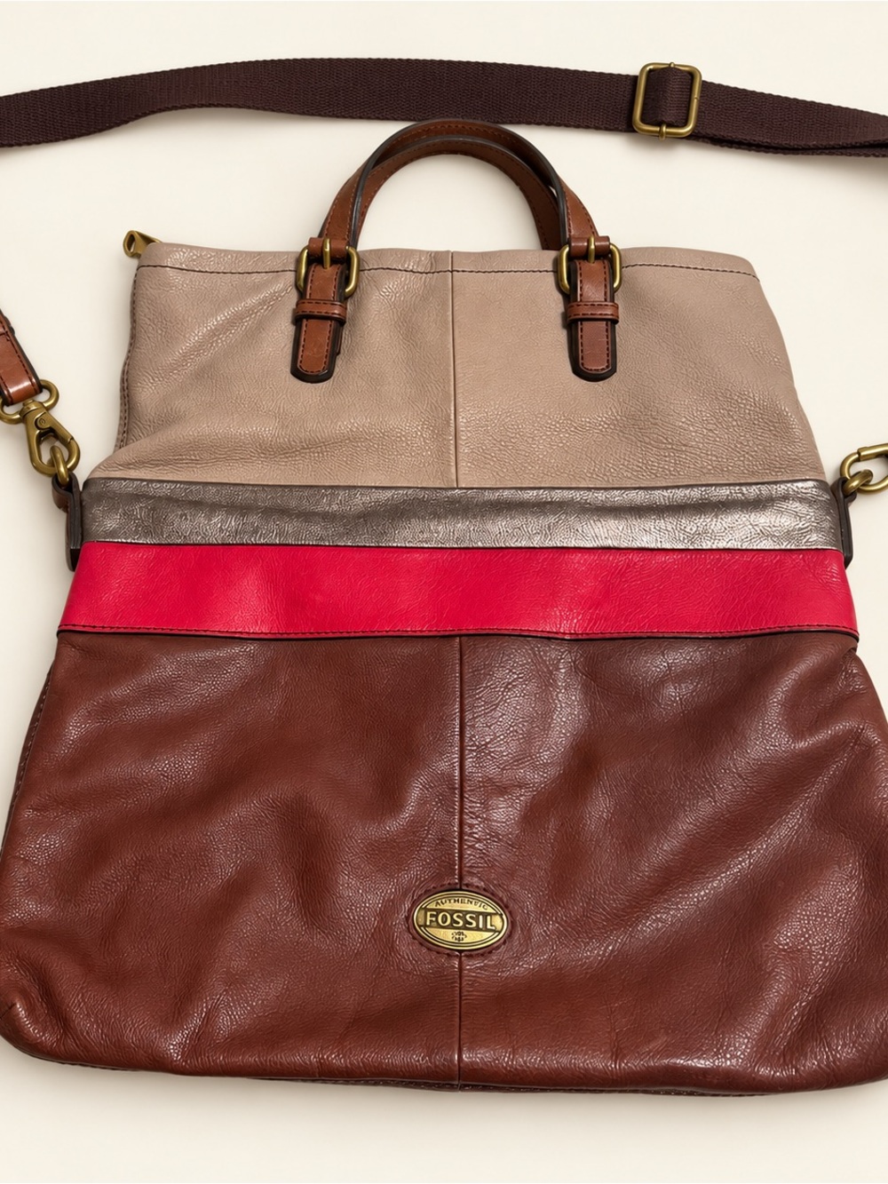 Fossil Leather Hobo Tote in Brown, Taupe & Red